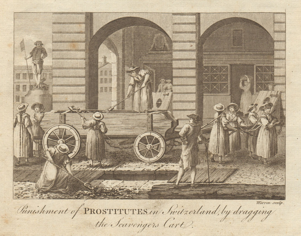 Punishment of prostitutes in Switzerland, pulling a cart. BANKES 1789 print