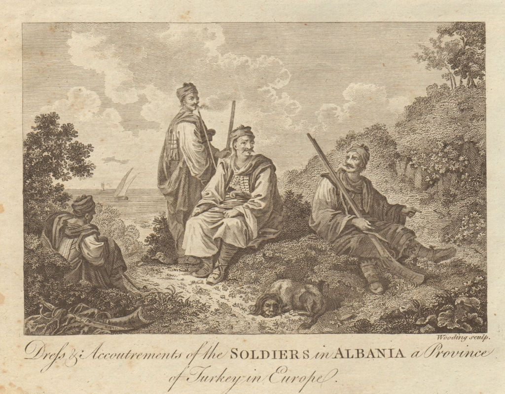 Dress & accoutrements of the soldiers in Albania. BANKES 1789 print