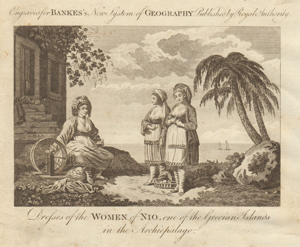 Dresses of the woman of Nio. Ios, Cyclades. Greece. BANKES 1789 old print