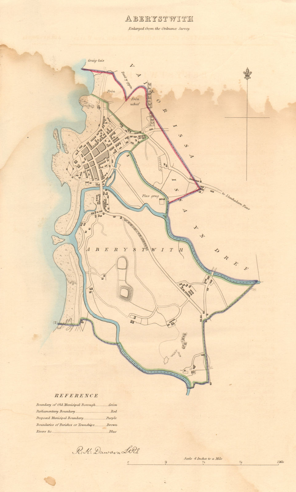 ABERYSTWYTH borough/town plan. BOUNDARY REVIEW. Wales. DAWSON 1837 old map
