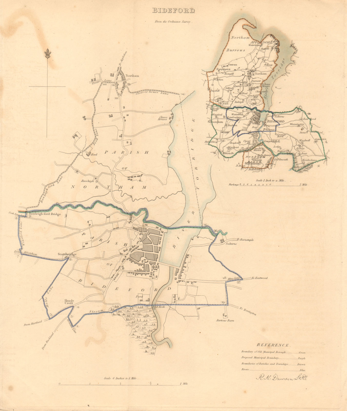 BIDEFORD borough/town plan. BOUNDARY REVIEW. Devon. DAWSON 1837 old map
