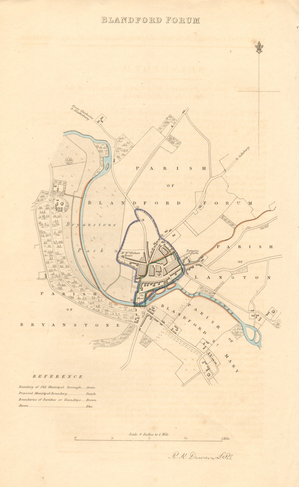 BLANDFORD FORUM borough/town plan. BOUNDARY REVIEW. Dorset. DAWSON 1837 map