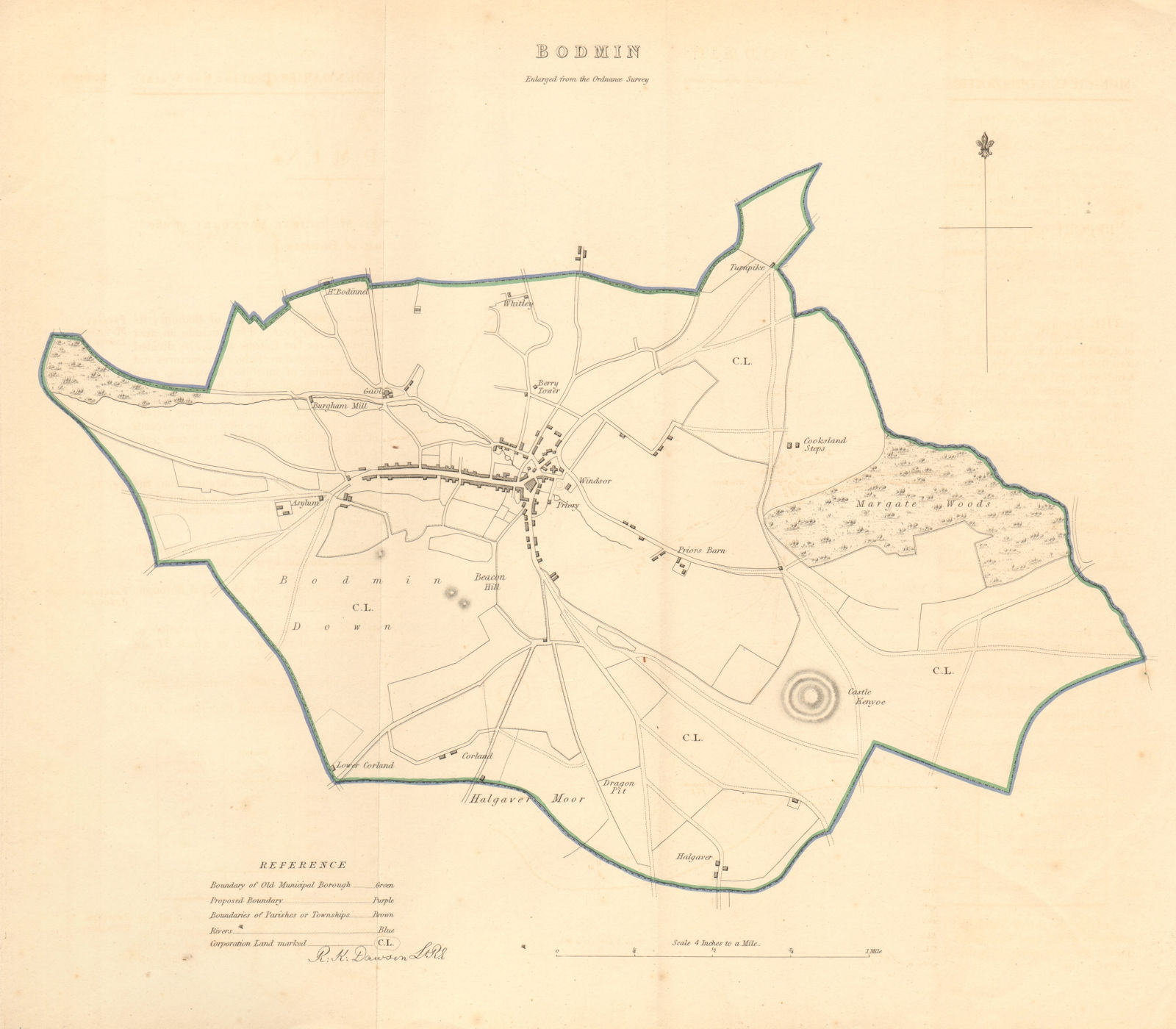 BODMIN borough/town plan. BOUNDARY REVIEW. Cornwall. DAWSON 1837 old map
