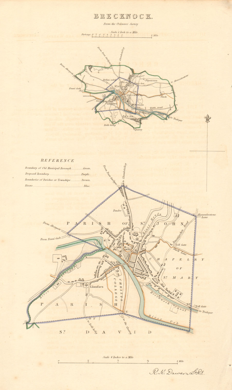 BRECKNOCK/BRECON borough/town plan. BOUNDARY REVIEW. Wales. DAWSON 1837 map