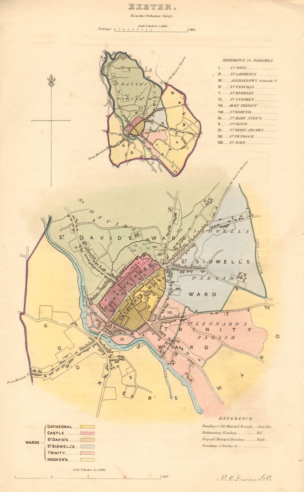 EXETER borough/town plan. BOUNDARY REVIEW. Devon. DAWSON 1837 old antique map