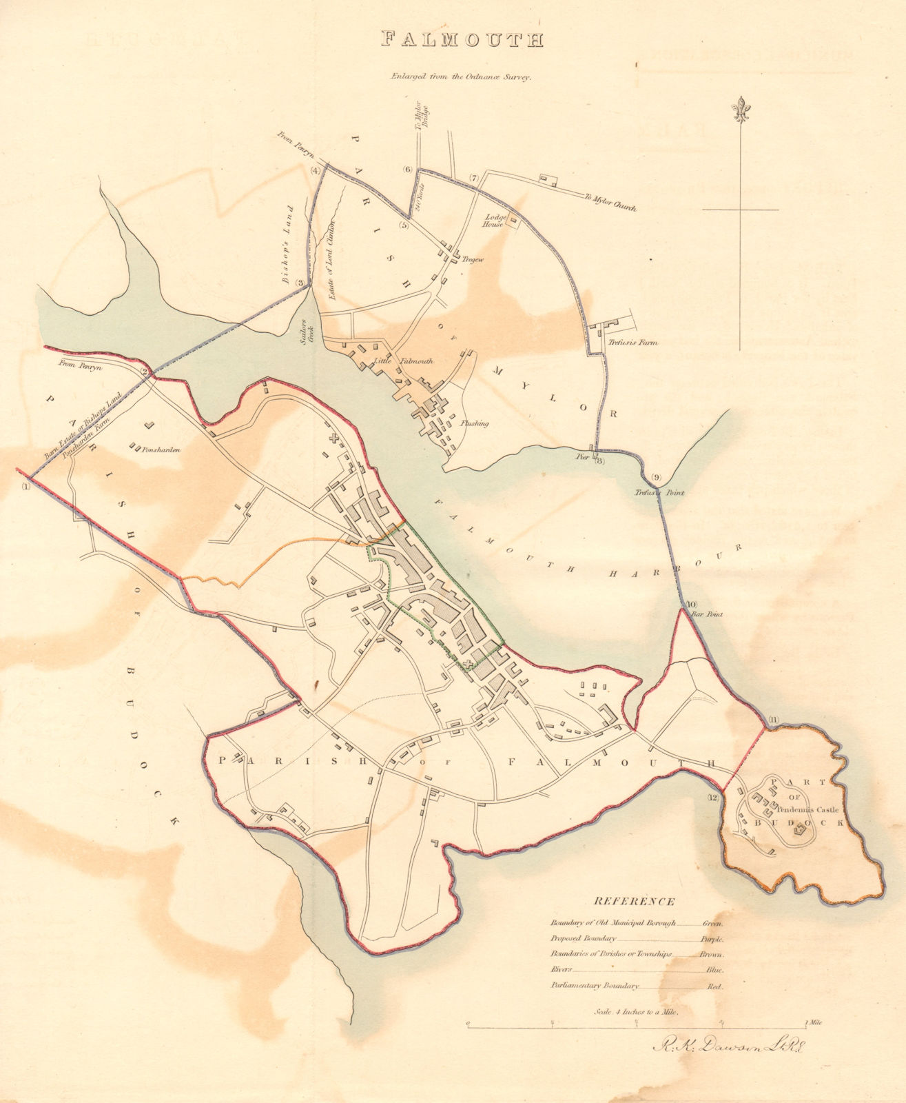 FALMOUTH borough/town plan. BOUNDARY REVIEW. Cornwall. DAWSON 1837 old map