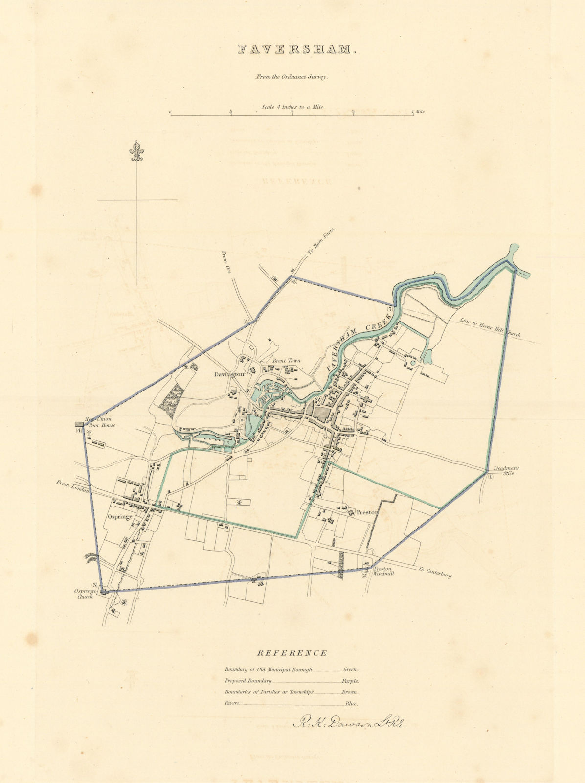 FAVERSHAM borough/town plan. BOUNDARY REVIEW. Kent. DAWSON 1837 old map