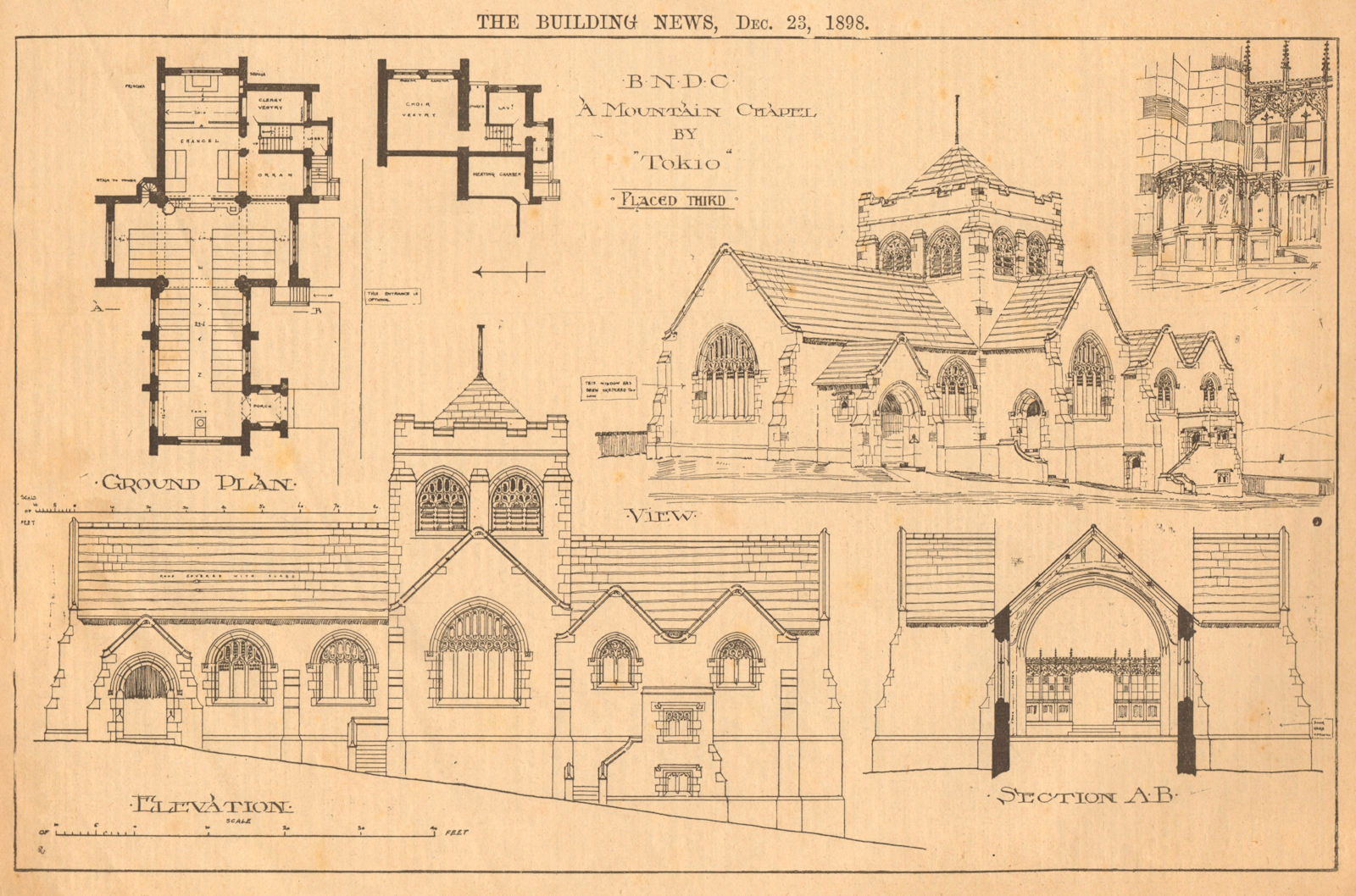 Associate Product A mountain chapel by Tokio, placed Third. Ground plan, elevation 1898 print