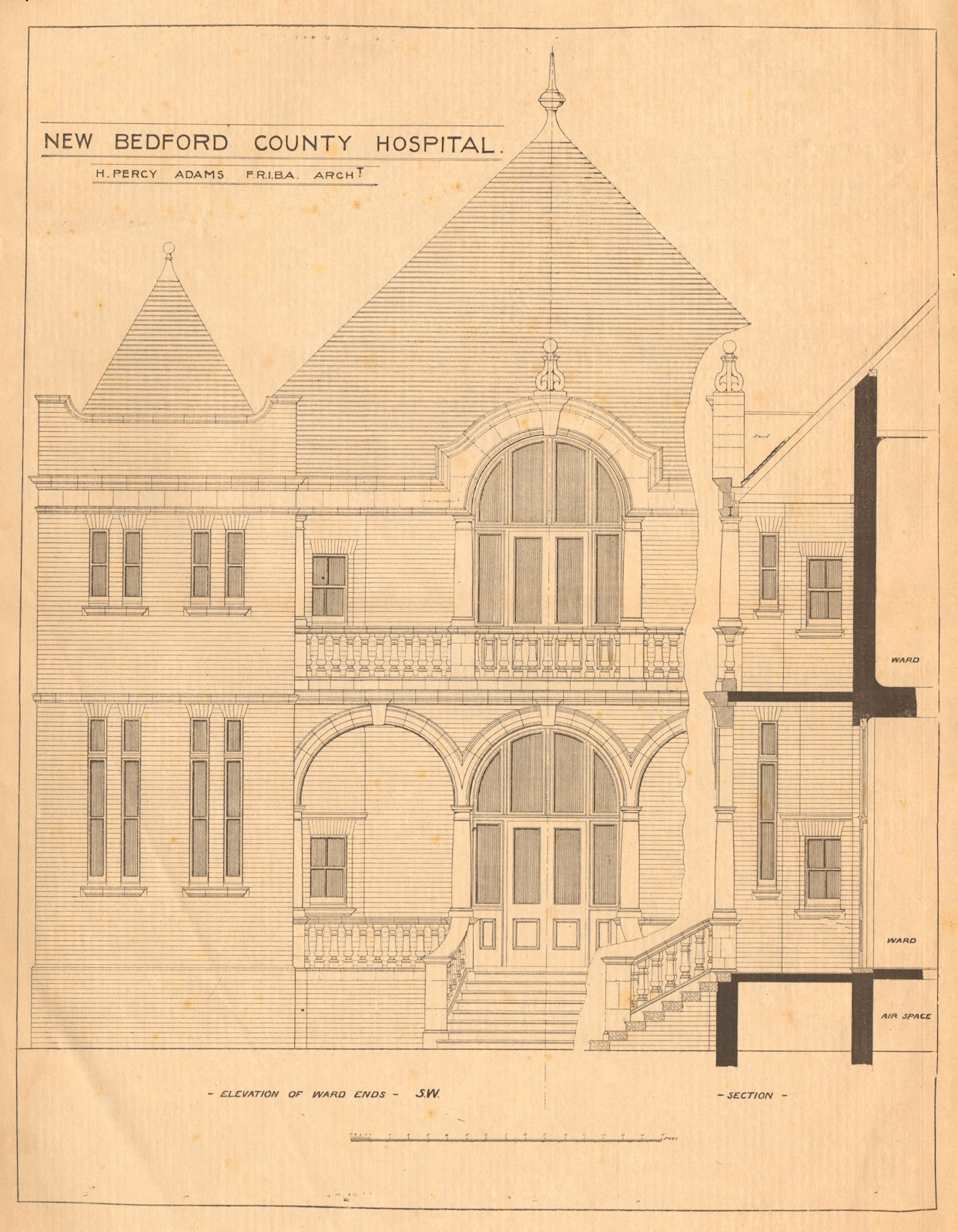 Bedford County Hospital, H.Percy Adams Archt. Elevation of ward ends 1898