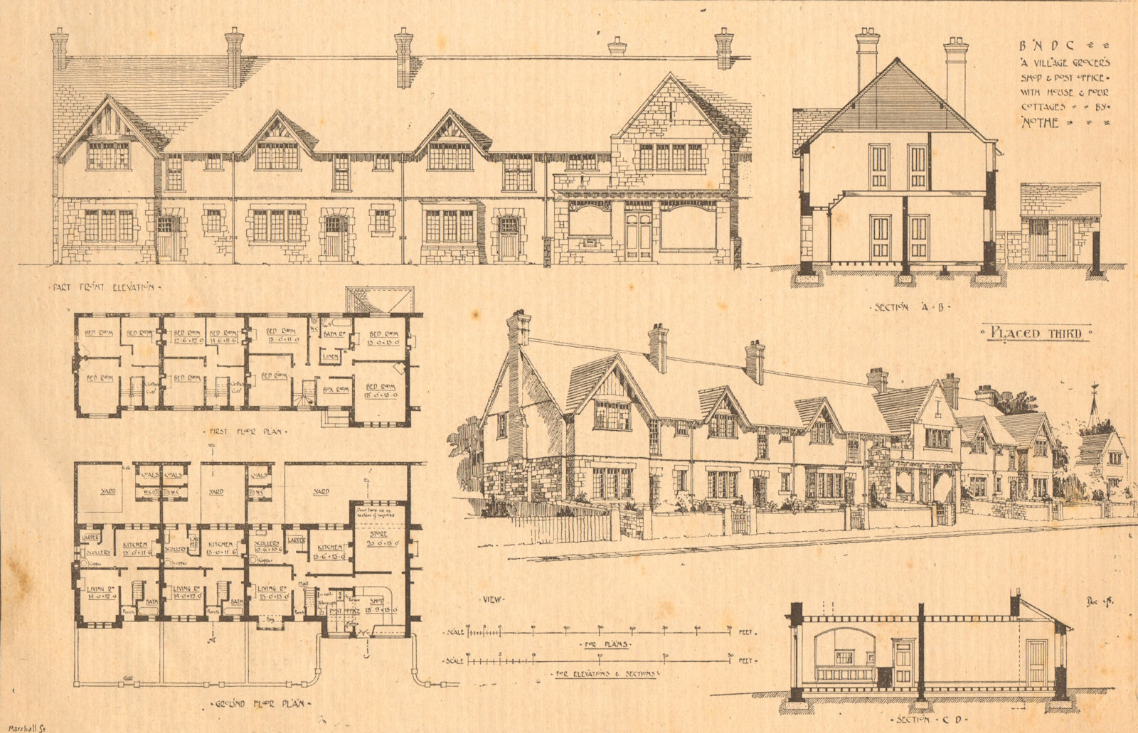 Village grocer's shop Post Office house cottages by Nothe. Elevation, plan 1899