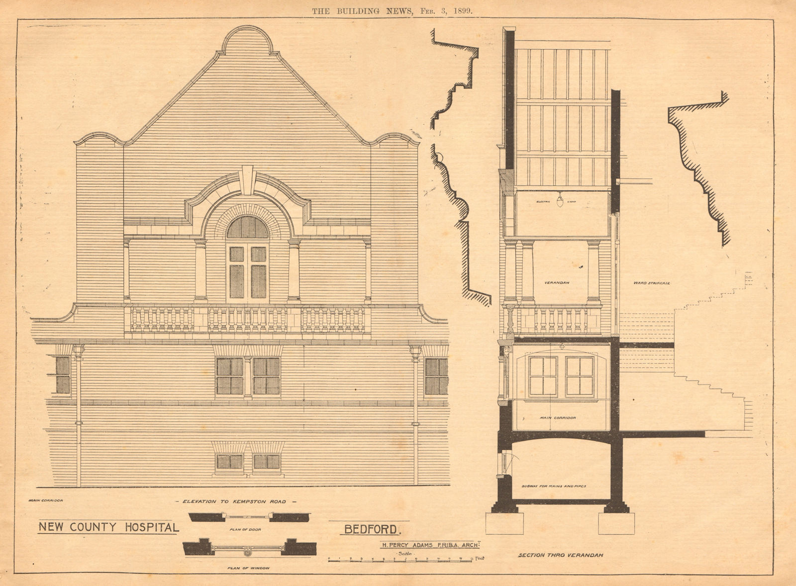Bedford County Hospital, H. Percy Adams Archt. Kempston Road elevation 1899