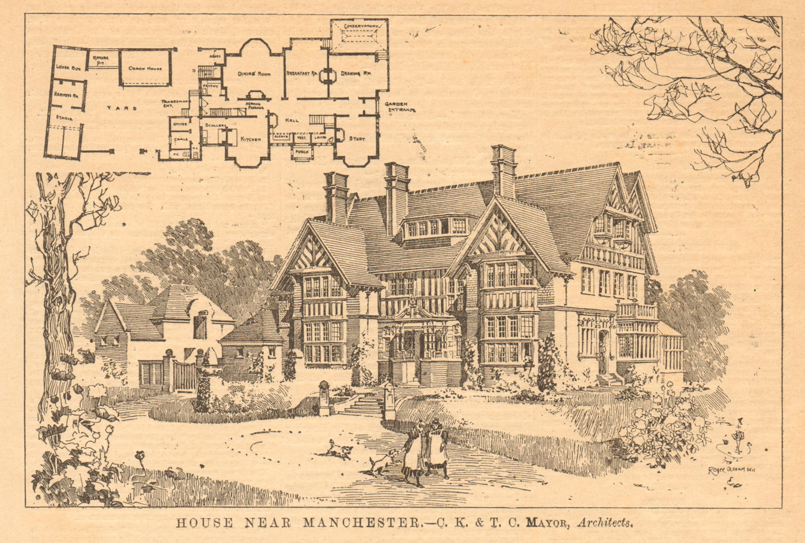 House near Manchester, CK & TC Mayor, Architects. Lancashire 1899 old print