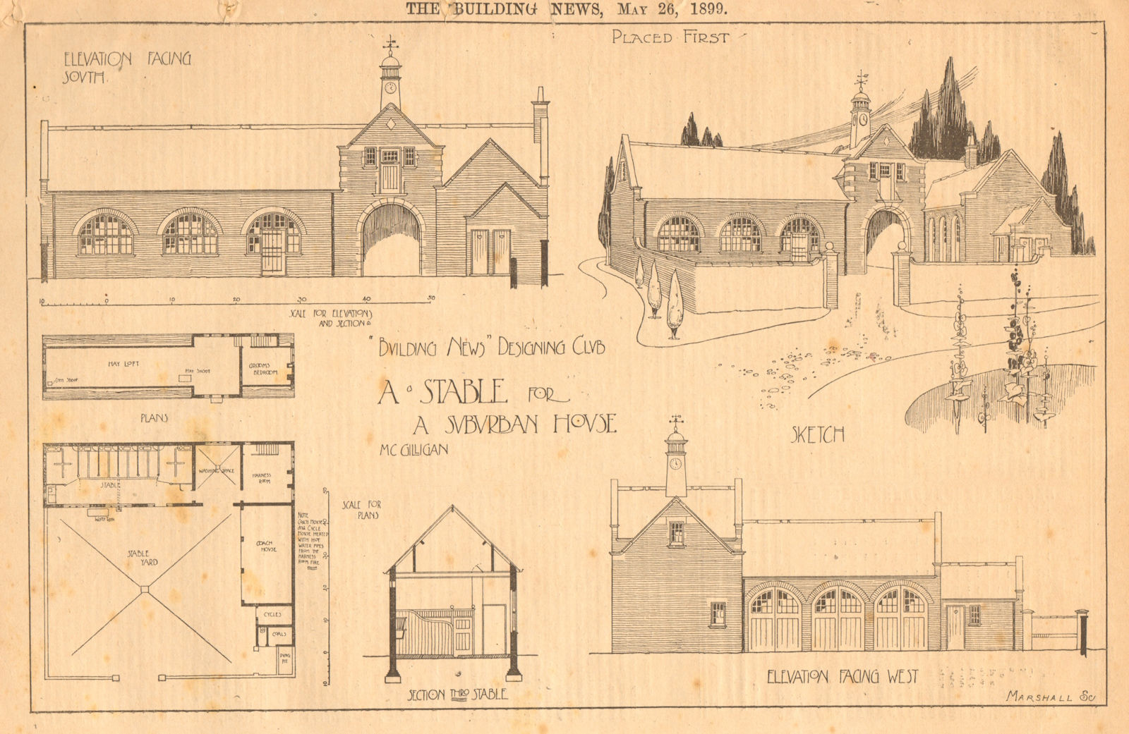 Associate Product Building News Designing Club. A stable for a suburban house 1899 old print