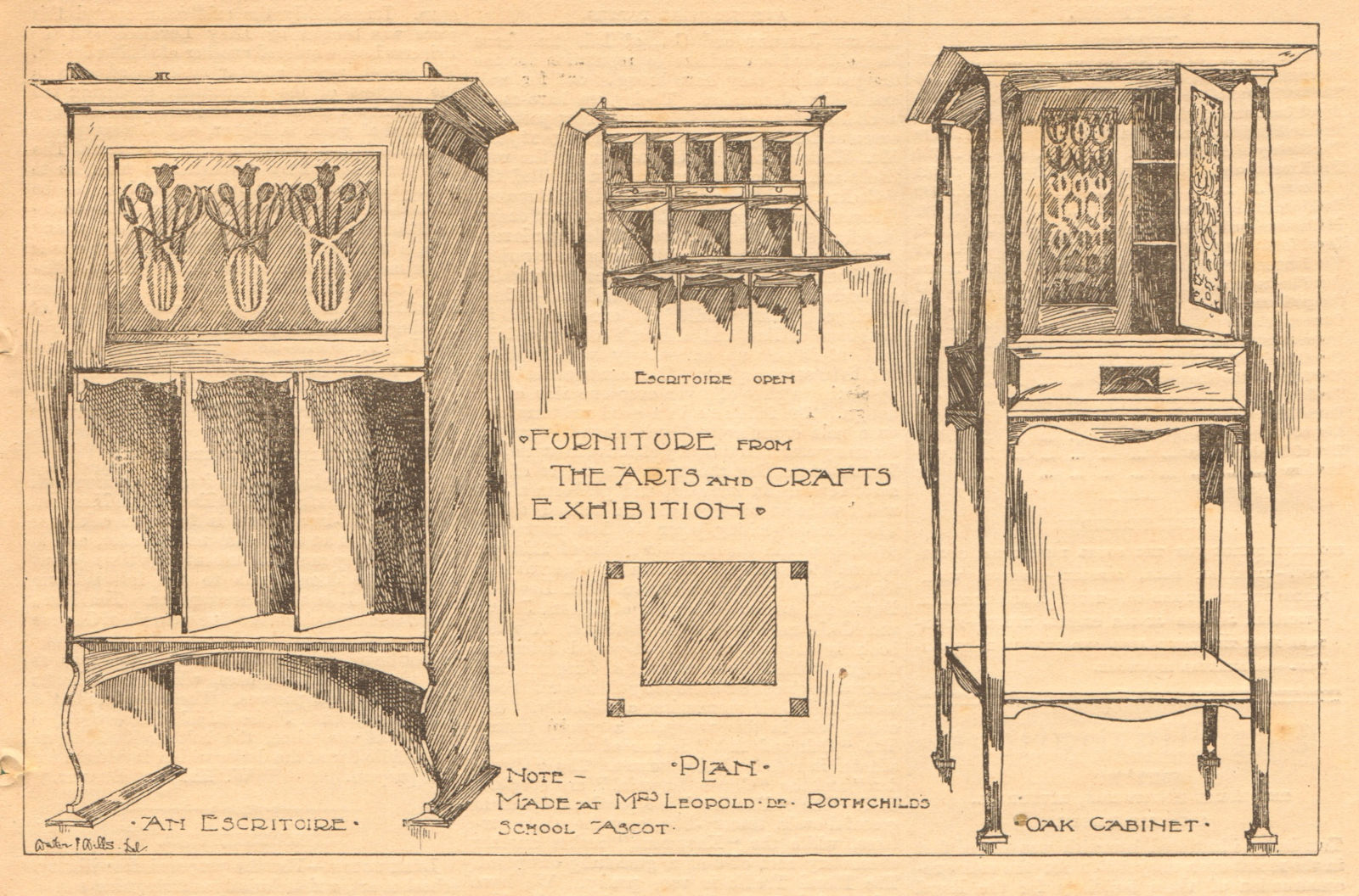 Furniture from the Arts & Crafts exhibition. Escritoire, oak cabinet 1899