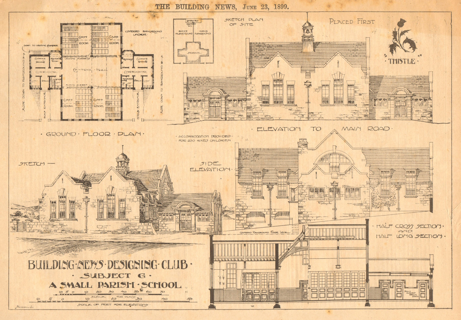 Building News Designing Club, Subject G, a small Parish school 1899 old print