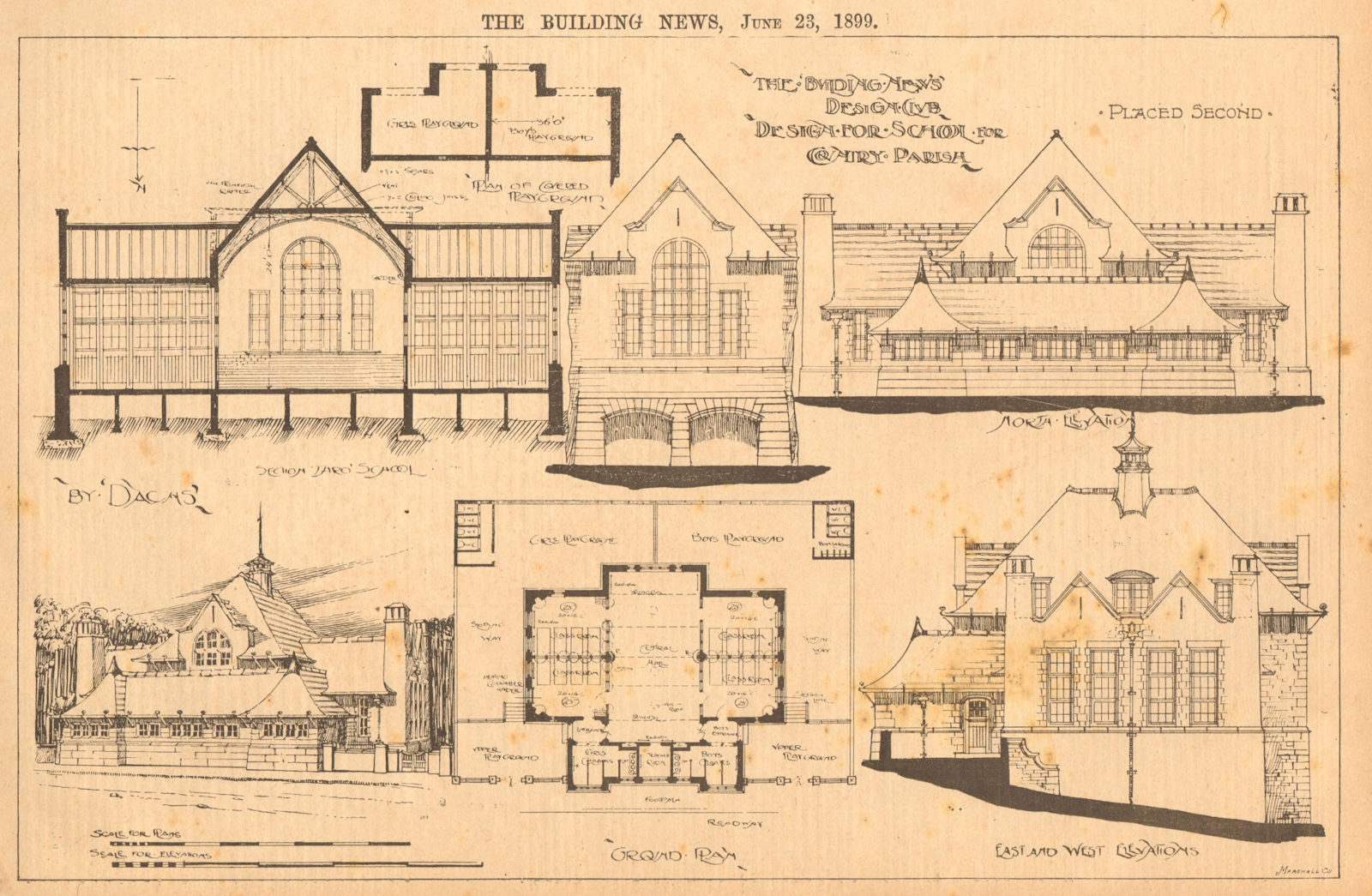 Designed for school for County Parish. Plan & elevations 1899 old print