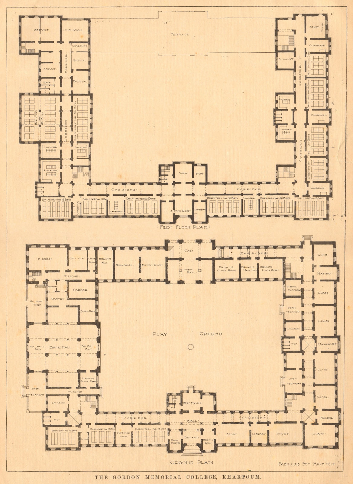 The Gordon Memorial College, Khartoum. First & ground floor plan. Sudan 1899