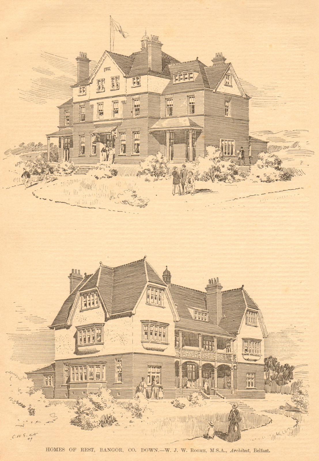 Homes of rest, Bangor, Co. Down - W.J.W. Roome, Architect, Belfast 1899 print