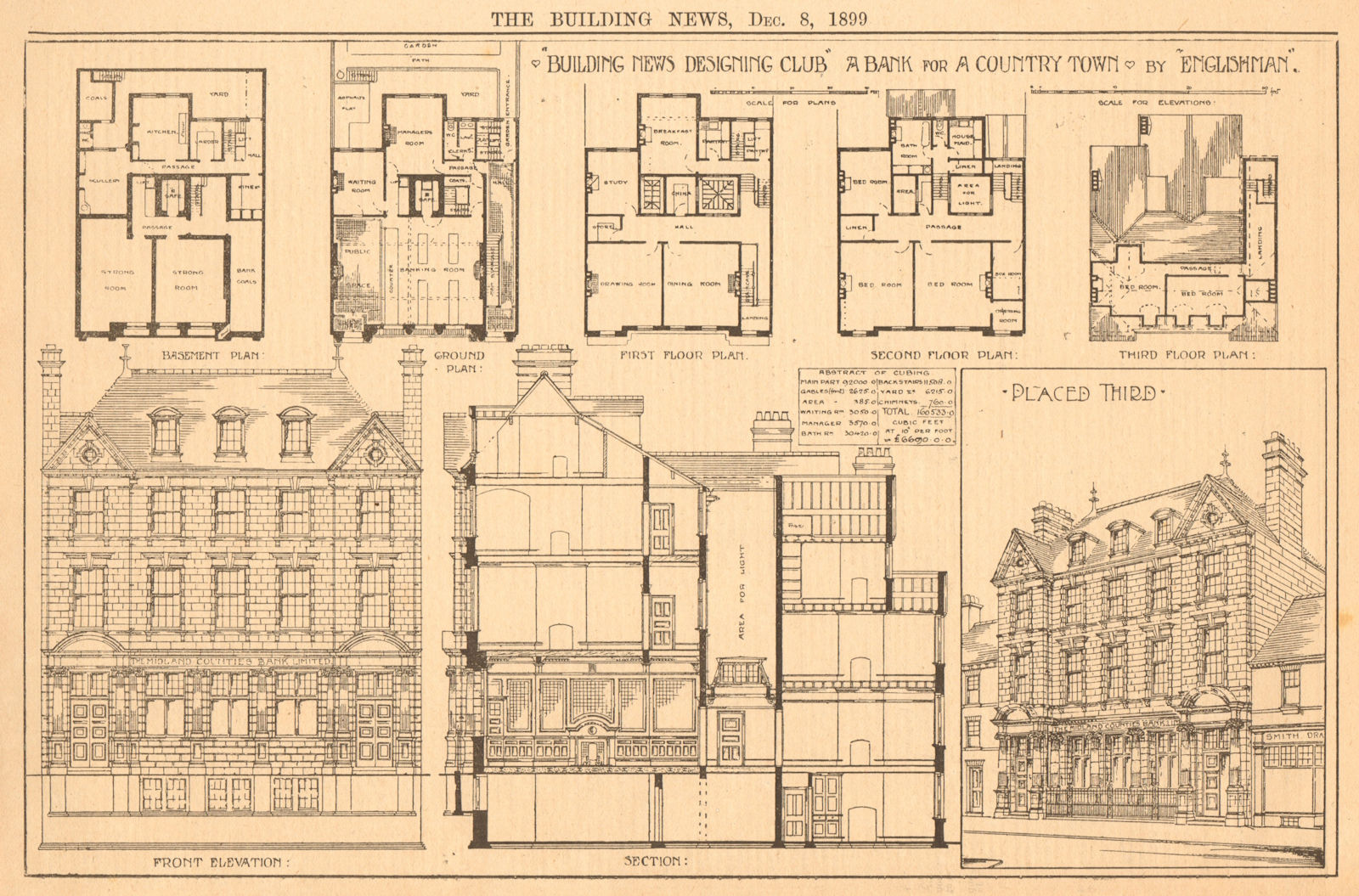Associate Product A bank for a country town by "Englishman". Basement plan, elevation 1899 print