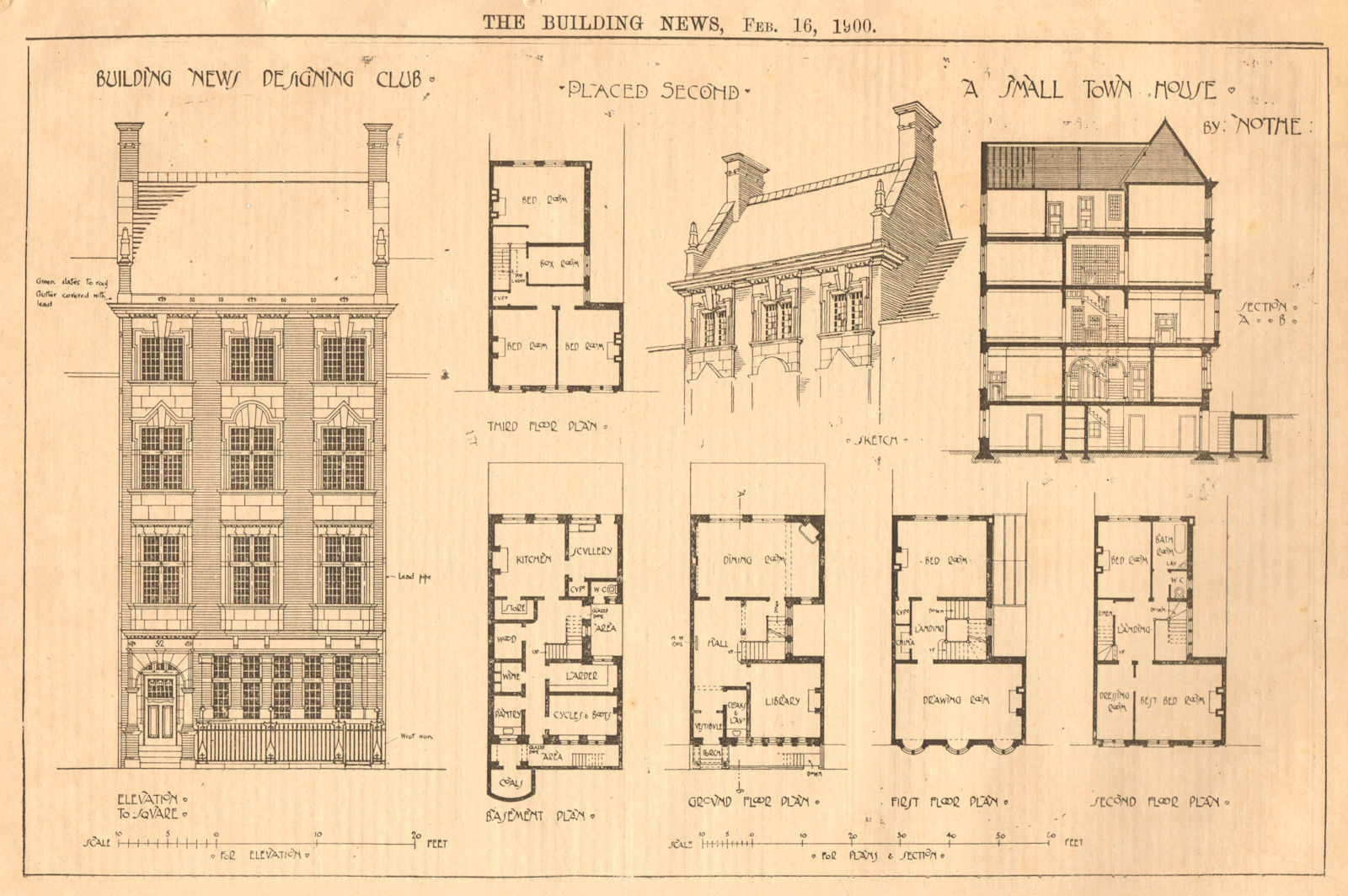 A small town house by Nothe. Elevation to Square, Basement plan 1900 old print