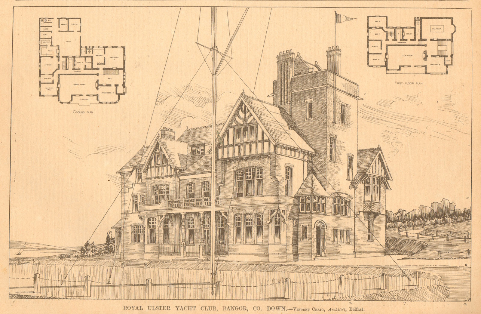 Royal Ulster Yacht Club, Bangor, Co. Down. Vincent Craig, Architect 1900 print