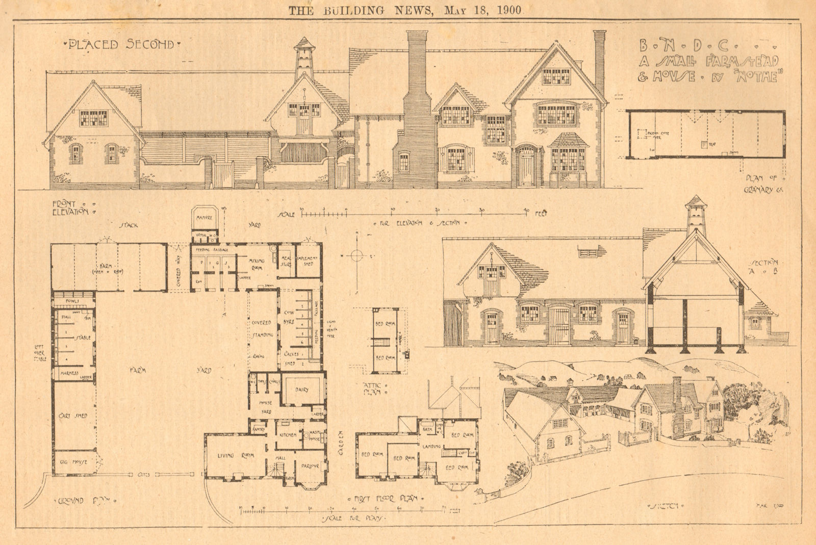 Associate Product A small farmstead & house by Nothe. Front elevation, plans 1900 old print