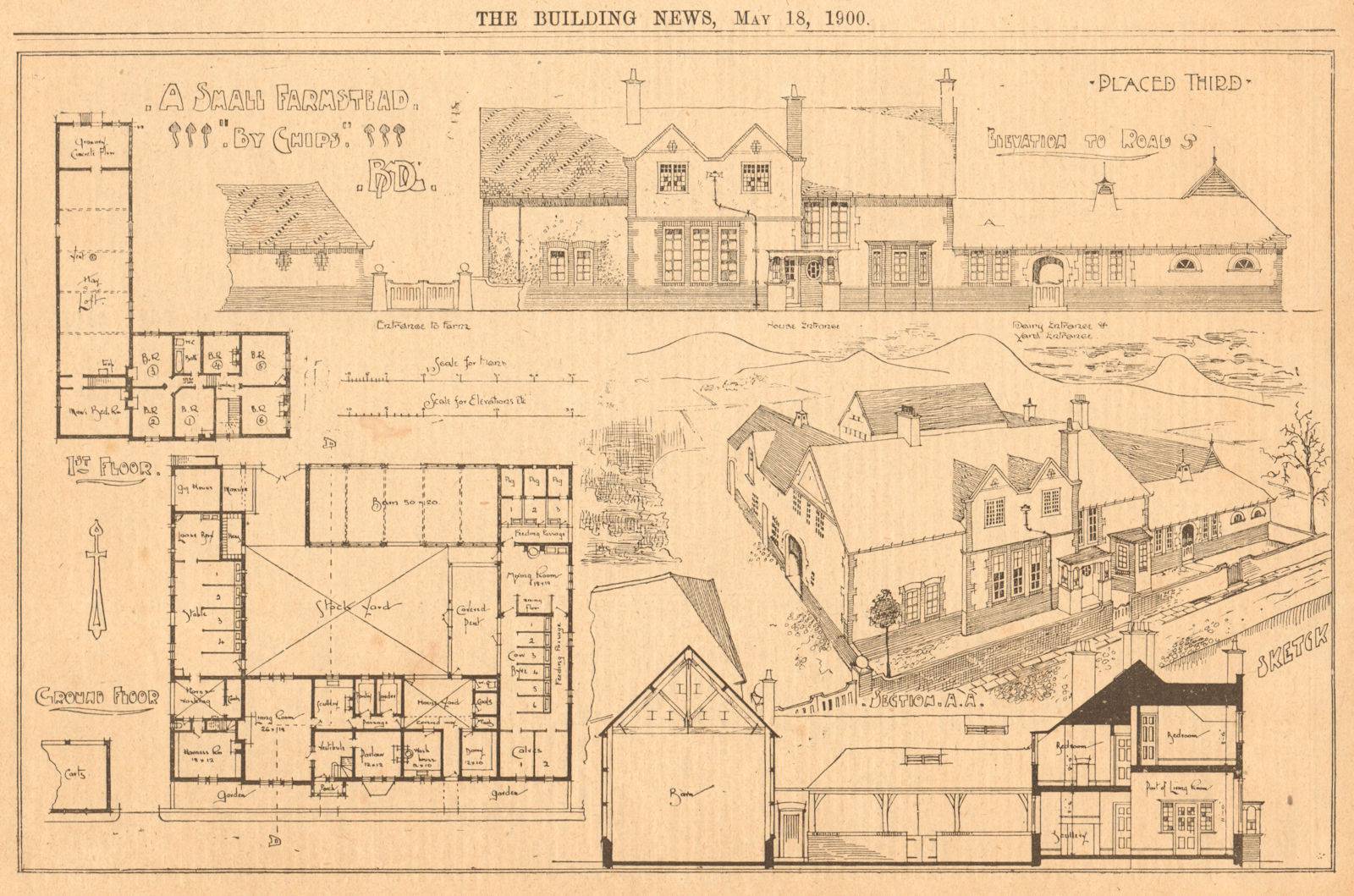 A small farmstead by Chips. Ground floor, 1st floor plan 1900 old print