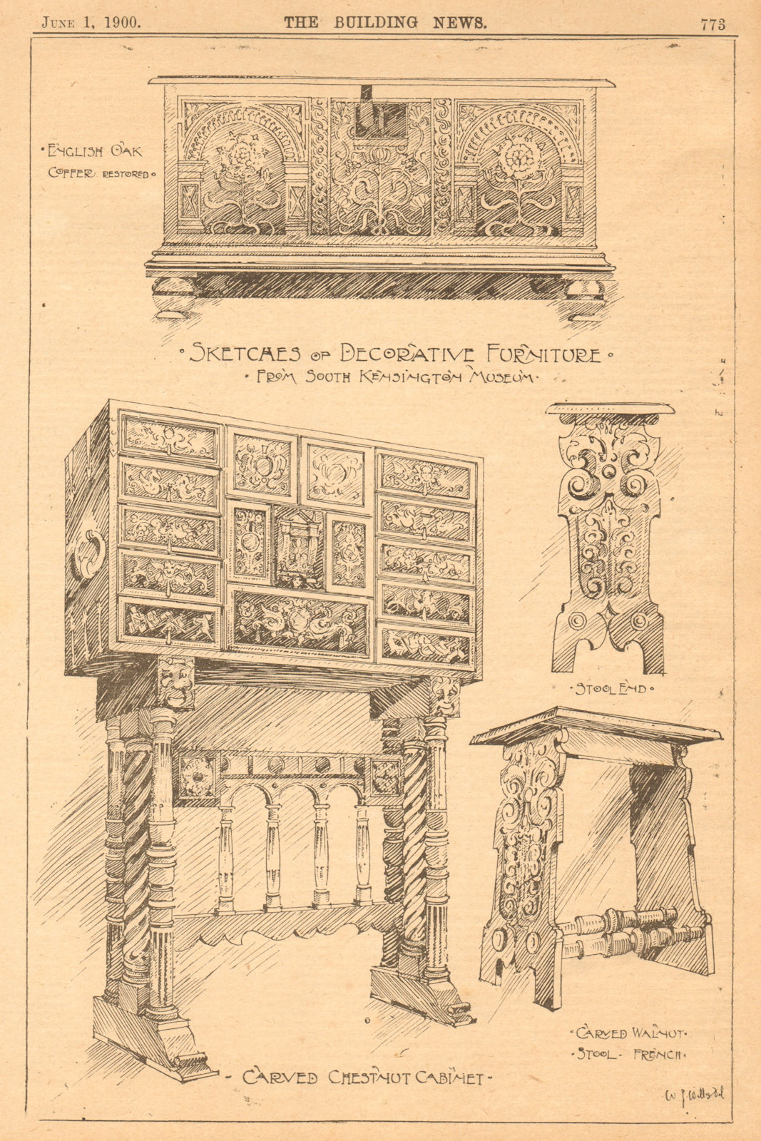 V&A museum furniture. English oak coffer walnut French chestnut cabinet 1900