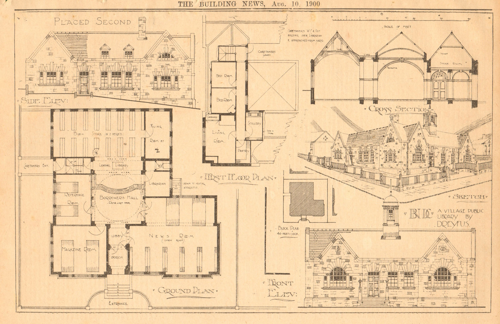 A village Public Library by Dreyfus. Ground floor, 1st floor plan 1900 print
