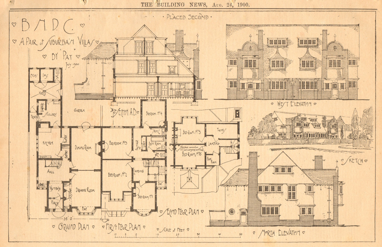 A pair of suburban villas by Pat. Floor plans 1900 old antique print picture