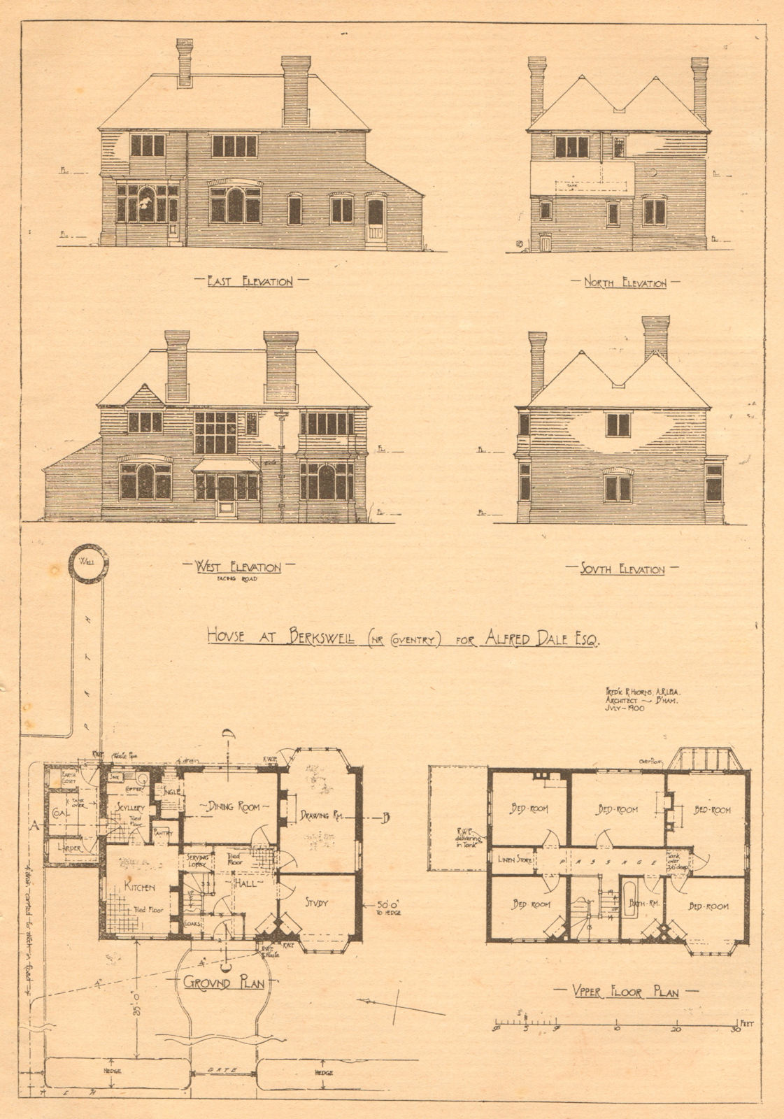 Associate Product House at Berkswell, Coventry for Alfred Dale. Elevations plan. Warwickshire 1900