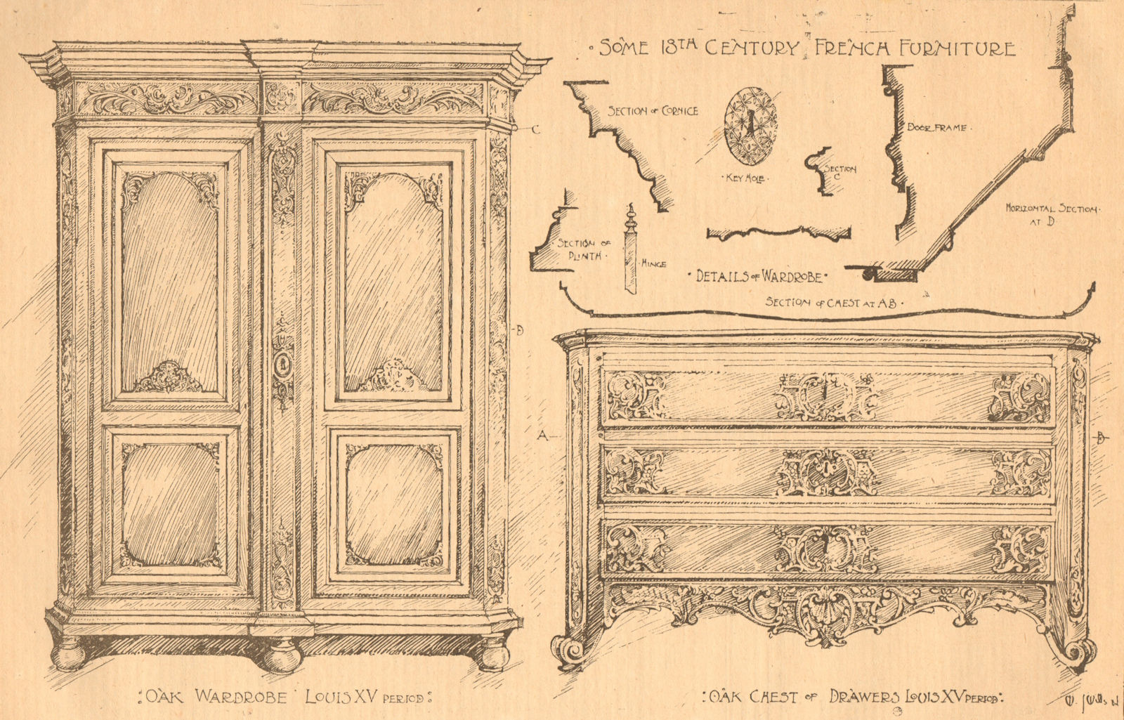 Associate Product 18th century French furniture. Oak wardrobe Louis XV chest of drawers 1900