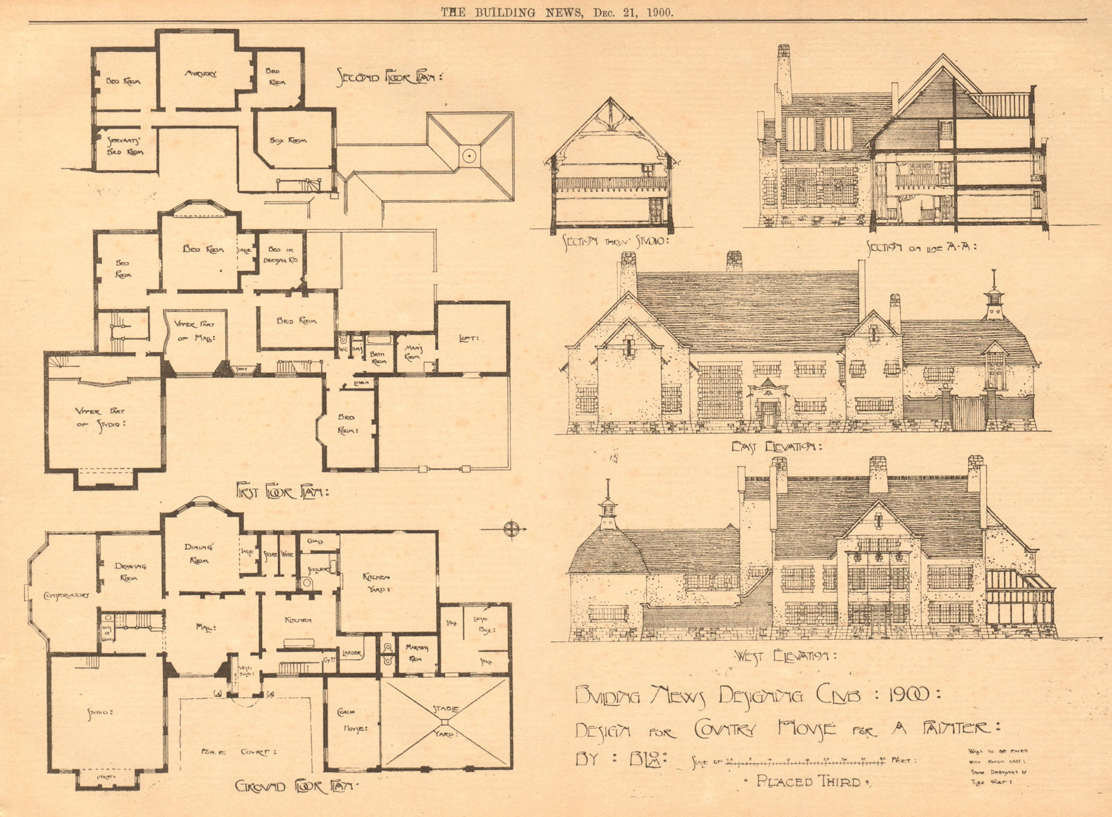 Associate Product Design for country house for a painter by Blom. Plan 1900 old antique print