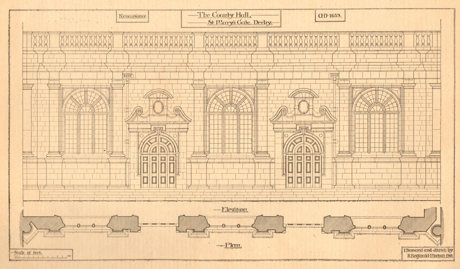 Associate Product County Hall, St. Marys Gate, Derby, by R. Reginald Morton. Elevation & plan 1901