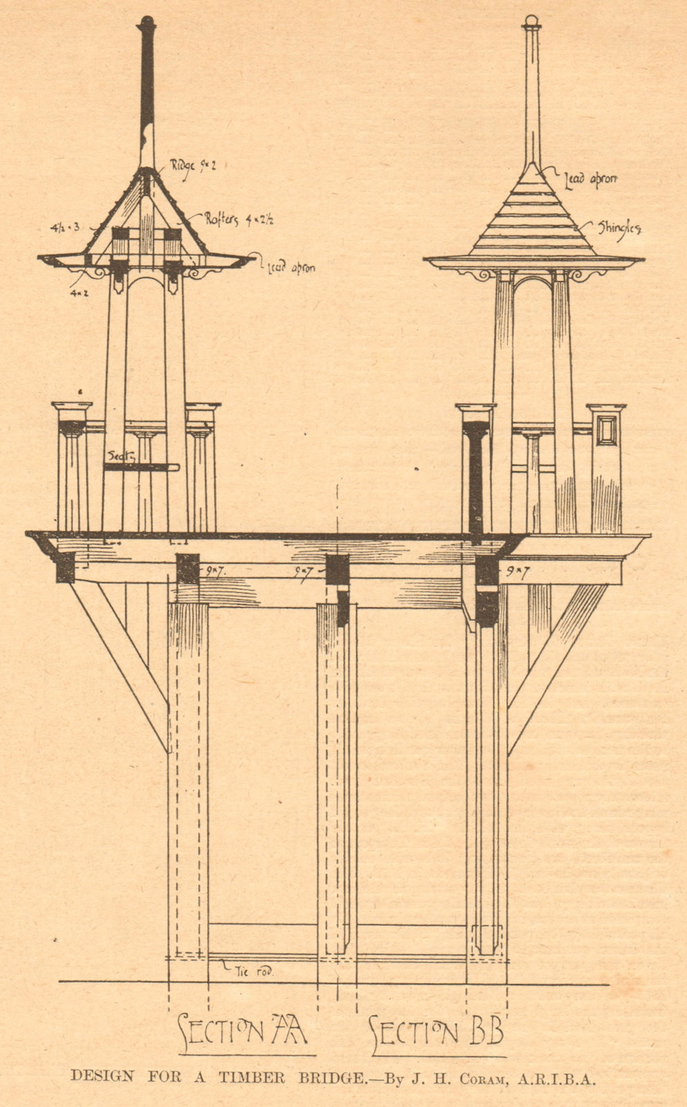 Associate Product Design for a timber bridge by J.H. Coram, A.R.I.B.A.. Bridges 1901 old print