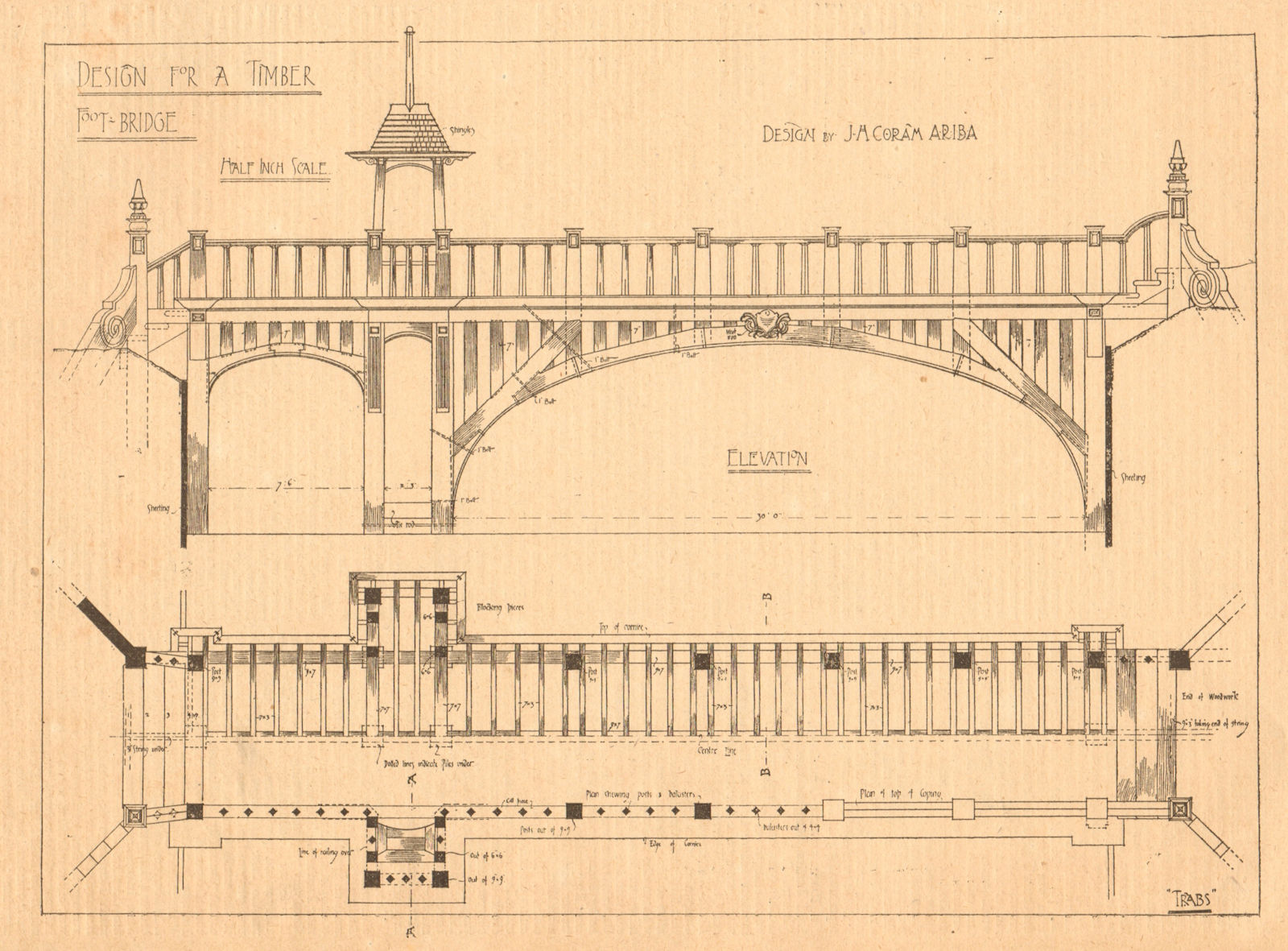 Associate Product Design for a timber foot bridge by J.H. Coram, ARIBA Elevation & plan 1901