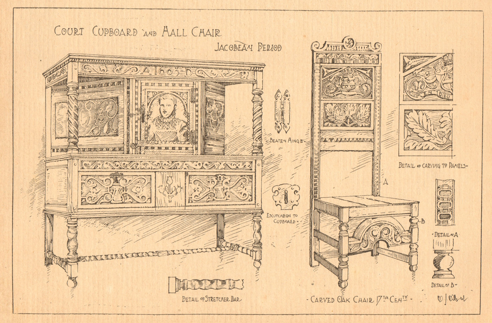 Associate Product Court cupboard hall chair, Jacobean. Stretcher bar carved oak chair 17C 1901