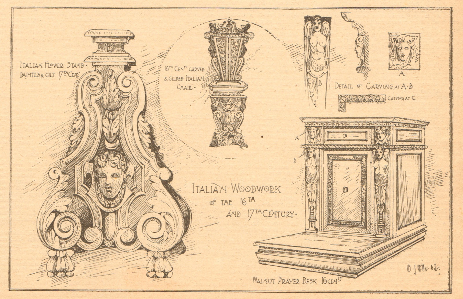 Associate Product Italian woodwork 16th 17th century. Flower stand chair walnut prayer desk 1901