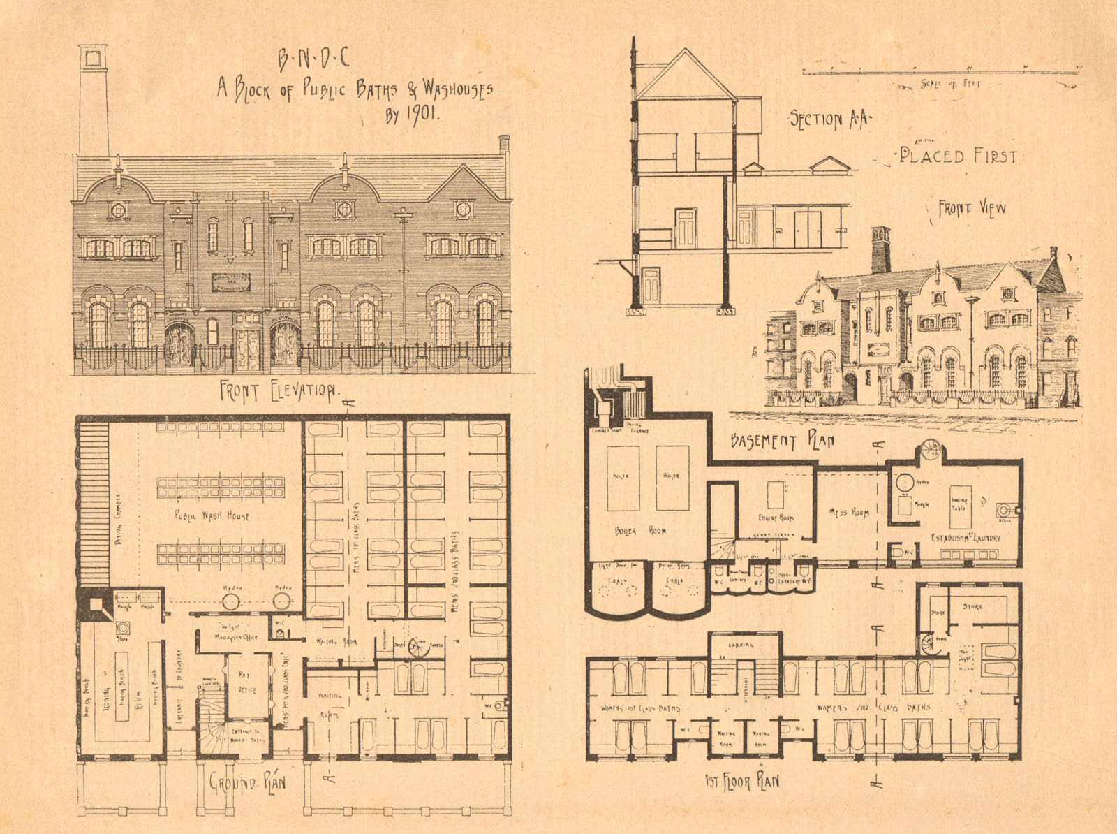 A block of Public Baths & Washhouses by 1901. Elevation, basement & plan 1901