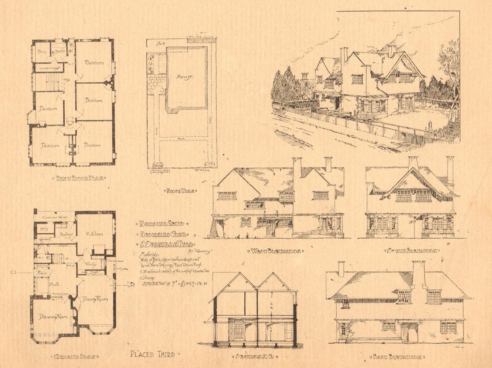A suburban villa. Elevation, block, & plan 1901 old antique print picture