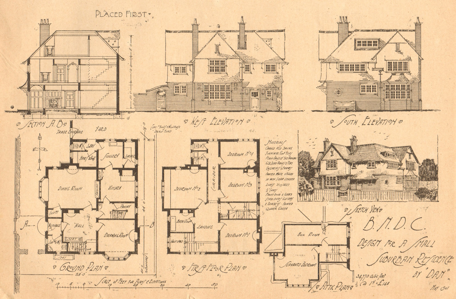 Small suburban residence plan by Dan. Elevation & plan 1901 old antique print
