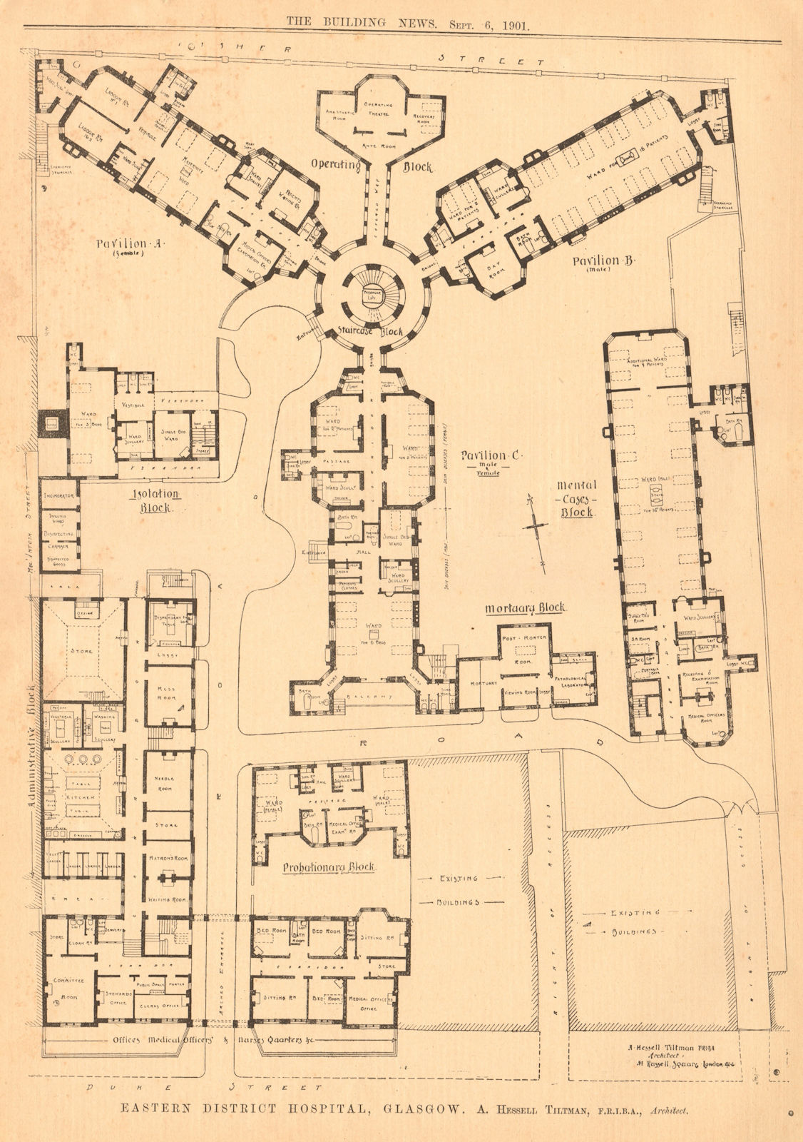 Eastern District Hospital, Glasgow. A. Hessell Tiltman, Architect. Plan 1901