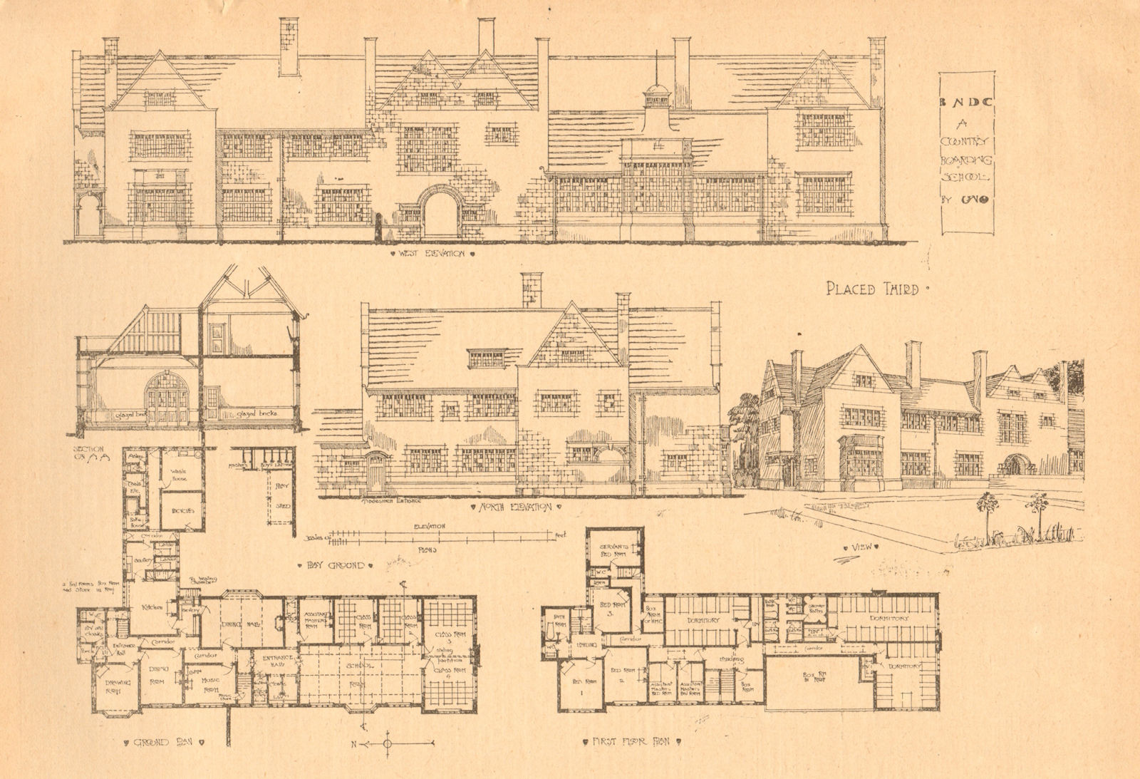 A Country Boarding School by Uno. Elevations, Ground & 1st floor plan 1901