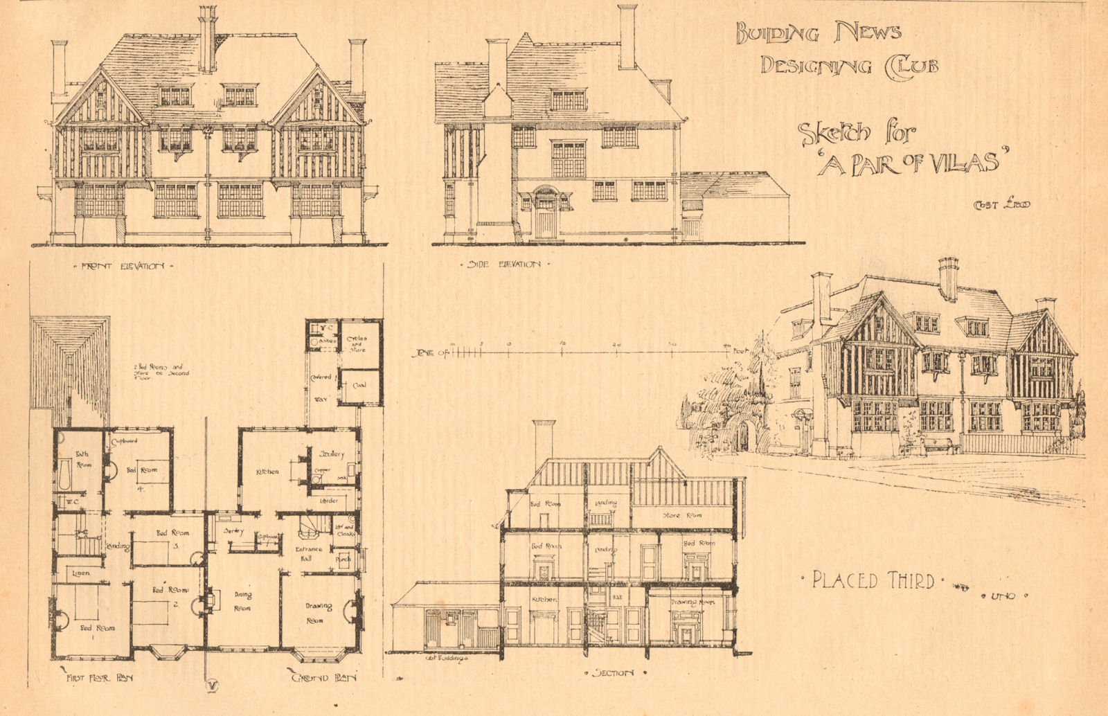 Sketch for ''a pair of villas''. elevation & plan 1902 old antique print