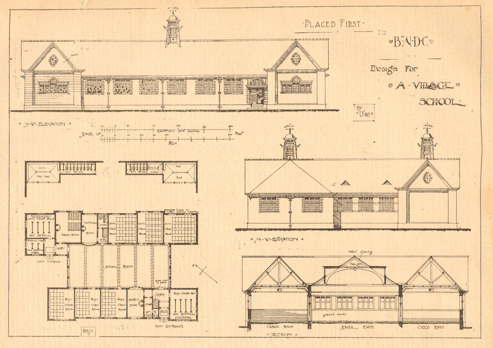Associate Product Design for a village school. NW elevation, SW elevation, plan 1902 old print
