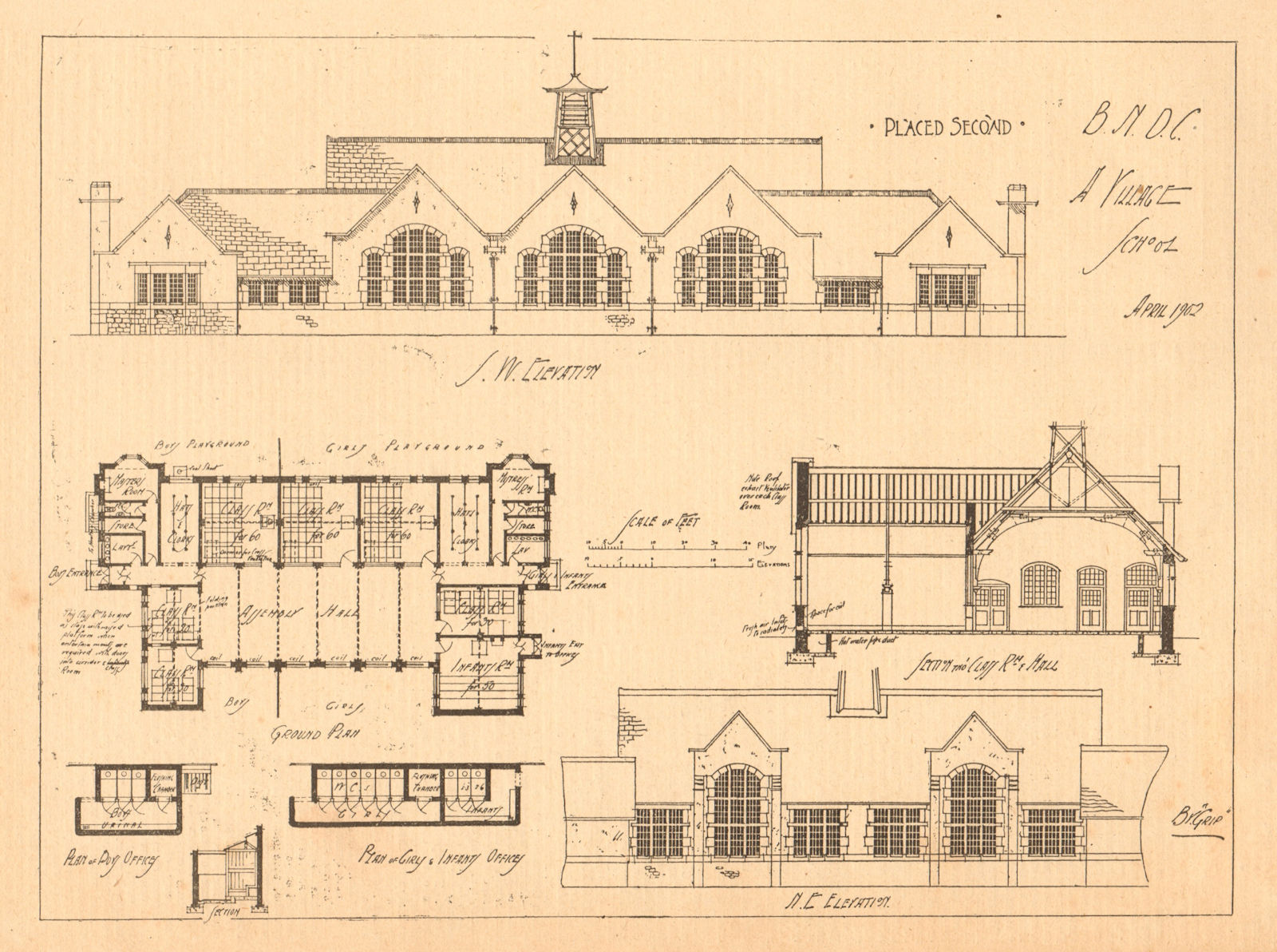 A village school April 1902. SW elevation, ground floor plan, NE elevation 1902