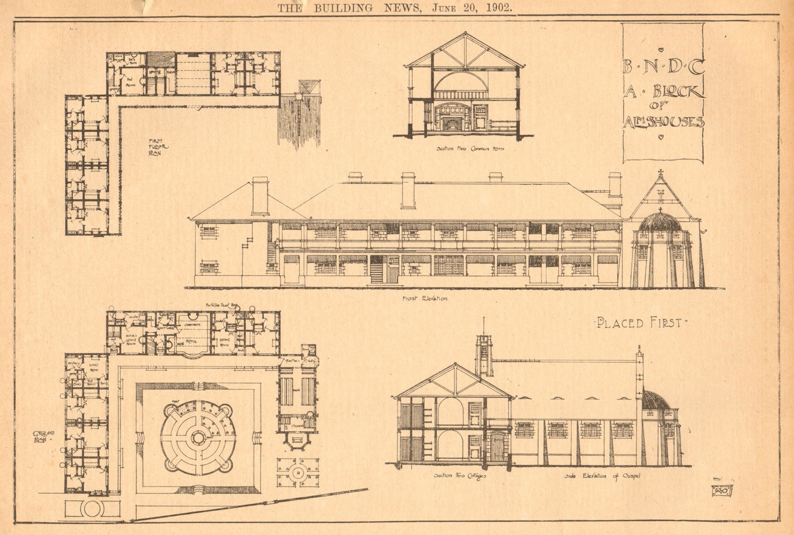 A block of almshouses. Elevations, ground floor & first floor plan 1902 print