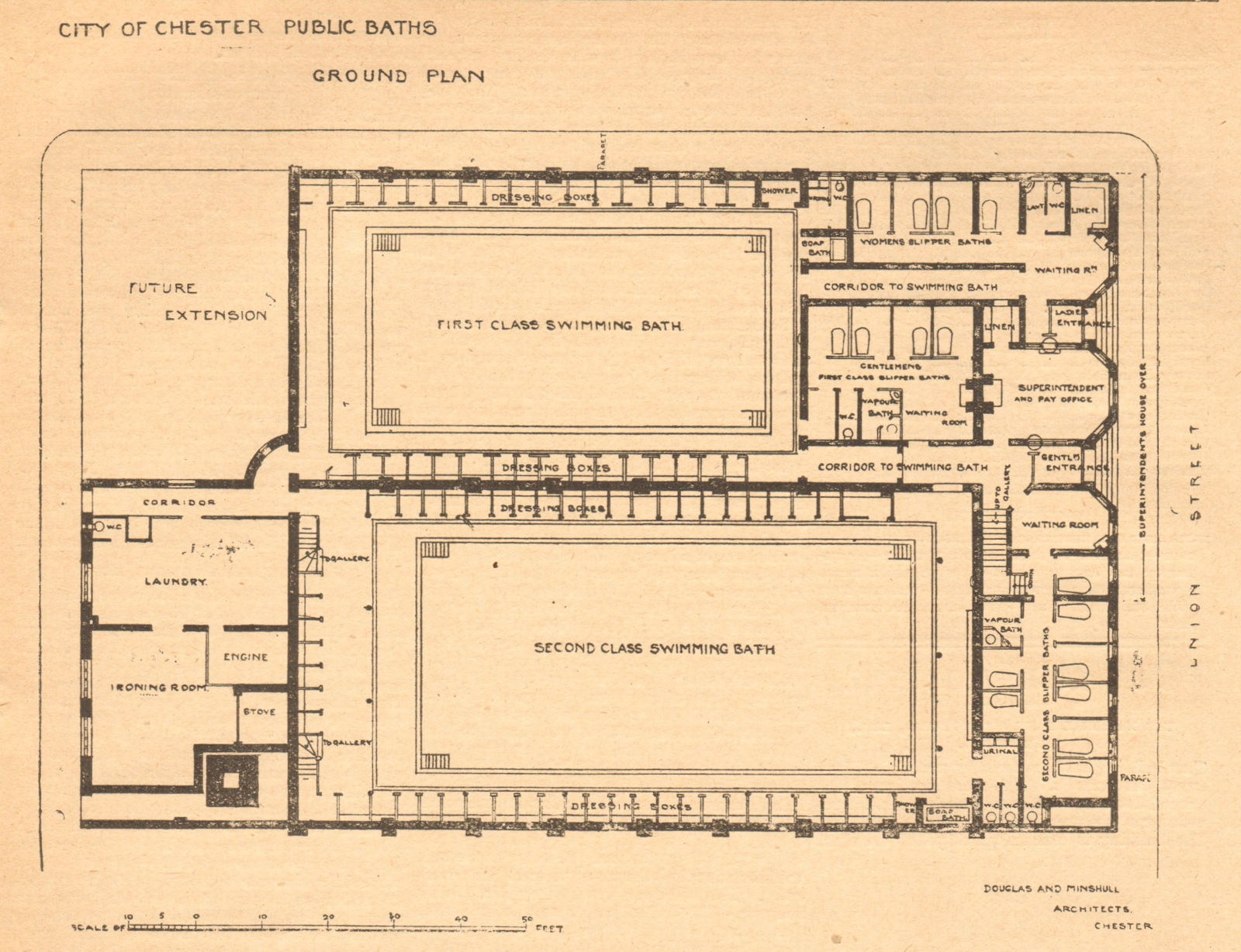 City of Chester Public Baths. Ground floor plan. Cheshire 1902 old print