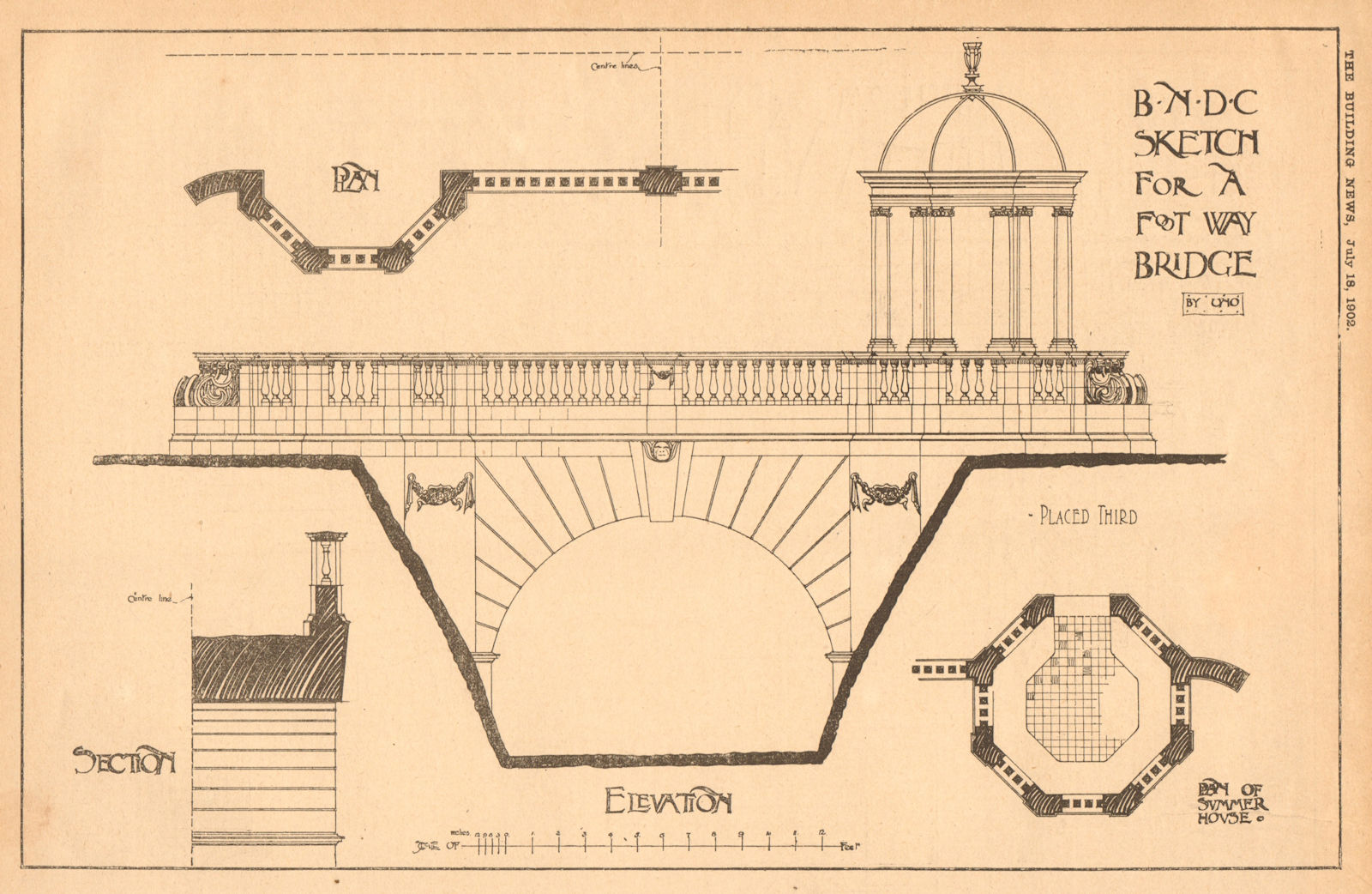 B.N.D.C Sketch for a foot way bridge by Uno. Summer house elevation & plans 1902