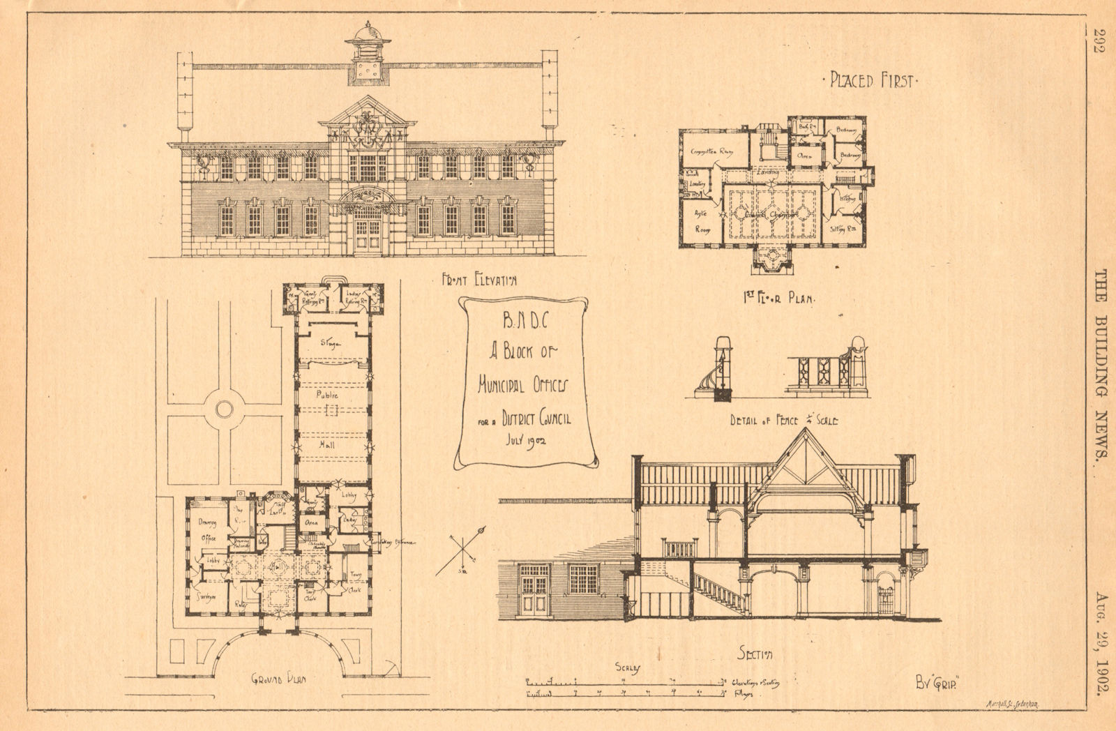 A block of municipal offices for a district council. Plan, elevation 1902